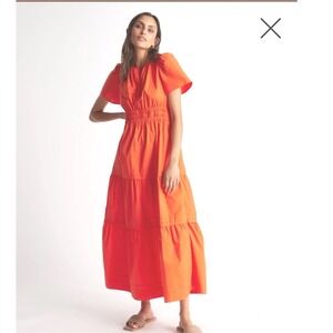 NWT Quince 100% Organic Cotton Poplin Tiered Maxi Dress Vermilion Red Size S